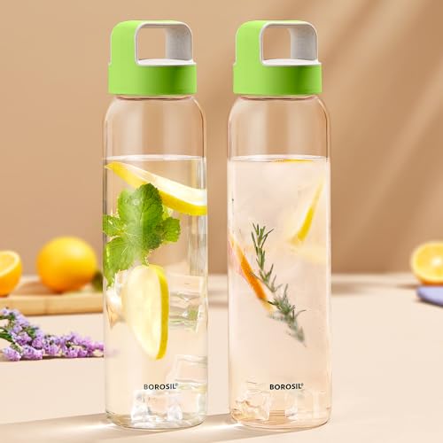 Image of Borosil 1000ml Neo Water Bottle with Green Husk Lid | Borosilicate Glass Wide Mouth Bottle for Fridge | Extreme Temperature Resistant For Hot & Cold Water, Milk, Lassi, Juice | Transparent (2pc)