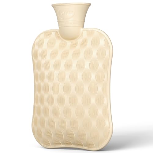 BYXAS Cozy Hot Water Bottle for Pain Relief, Period Cramps, Menstrual, Hot Water Bag for Sleeping Tummy, 2Liter, Eco Non Toxic (White)