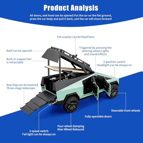 Image of 1 /24 Cybertruck Camper Van Model Diecast Metal Pickup Truck RV Motorhome Toys for Boys Age 3-8 with Light and Sound Pull Back Toy Cars Gift for Kids (Green)