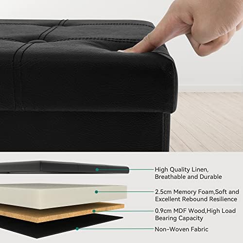 YITAHOME Faux Leather Storage Box Ottoman, Folding Toy Box Ottoman with Storage, 76X38X38cm Foot Rest Bench for Bedroom, Hallway, Living Room, Campervan,Black