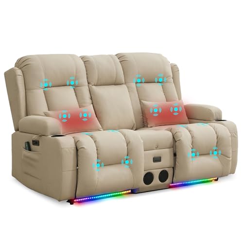 Image of URRED Power Loveseat Recliner Sofa with Massage and Heat, Wall Hugger Reclining Loveseat with Console, RV Couch Home Theater Seating with LED Lights for Living Room (Beige, 67 inch - 2 Seats)