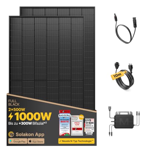 Solakon® 1000W Balkonkraftwerk - Balkonkraftwerk 800W komplett Steckdose - neuester 800 Watt Wechselrichter - Solaranlage Komplettset - 500W bifaziale Solarmodule inkl. Zubehör - 10m Kabel
