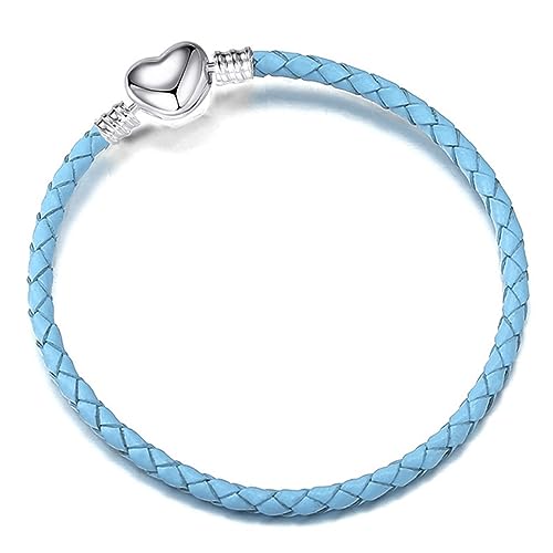 LSxAB - LSxAB Women Heart Clasp Light Blue Leather Moments Slider Charms Bracelets Compatible With Pandora Charms European Bead for Jewellery Making 17cm