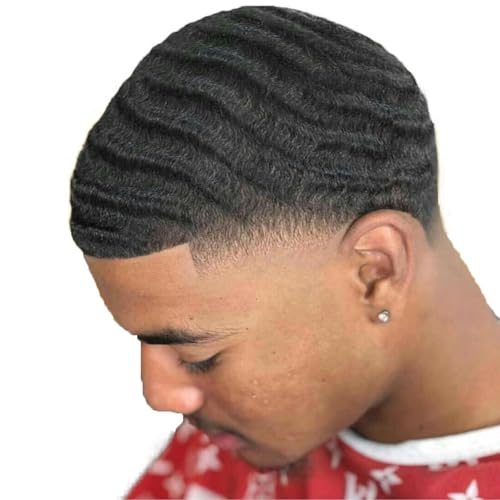 HAPPY&CC Man Weave Hair Afro Unit Black Men Human Hair Toupee Wig French Lace Hair Piece Replacement System for Men 10mm 1 Jet Black Mens Hairpieces
