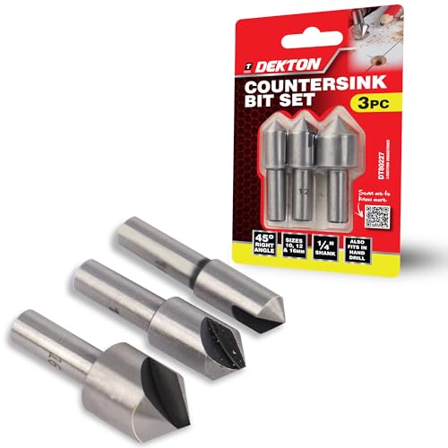 Dekton 3pc Countersink - High-Speed Steel Set Ensures Effortless Drilling with Minimal Splintering | 45 Degree Right Angle | Sizes 10, 12 & 16mm, 1/4 Hex Shank | Also Fits in Hand Drill | Durable