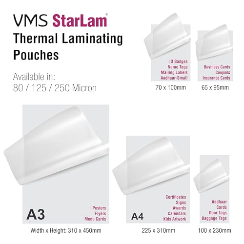 Image of VMS Starlam Thermal A4 Lamination Pouch Sheets 225mmx310mm 125 Micron 100 Laminating Sheets for Certificate and Documents