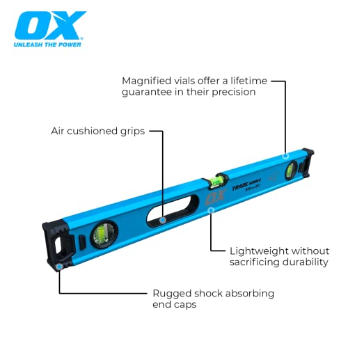 OX Tools 78"/6 1/2" Foot Tradesman Box Level with Magnified Vials, Shock Absorbing End Caps, Aluminum, Blue - Thumbnail 2