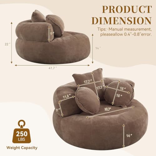 Image of WUTUTUEE Round Oversized Chair Floor Sofa Chair, Chenille Compressed Circle Chaise Lounge, No Assembly Boneless Barrel Chair, Lazy Bean Bag Couch Accent Chair for Living Room, Bedroom, Dorm,Brown