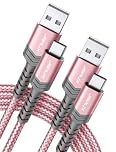 JSAUX USB C Cable (2m 2-Pack) 3.1A Fast Charging, Type C Charger Cable Compatible with iPhone 17 Air 16 15 Pro Max, Samsung Galaxy S24 S23 S22 S21 Note 10 9 8, A14 A15 A25 A35 A53 A55, CarPlay -Pink