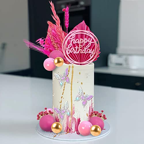 41 Pcs Balls Cake Decorations Flower Butterfly Cake Topper With Hot Pink And Gold Balls Balls Happy Birthday Cake Topper For Wedding Baby Shower Birthday Themed Party Supplies (Hot Pink) #TOP4