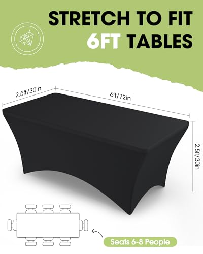 Pureegg Spandex Tablecloth 6ft - 6 Pack, Fitted and Stretch Table Cover for Rectangle Tables, Wrinkle-Resistant and Secure Fabric for Outdoor, Picnic, Party, Wedding, Banquet and Birthday, Black