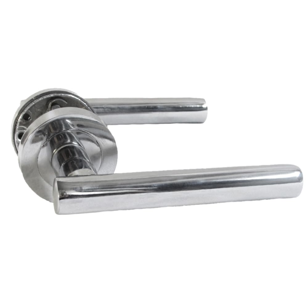 Epsom Door Handle Chrome Door Handles on Rose – 123mm Modern Lever with 52mm Round Rose | Packs & Complete Handle Sets (1 x Pair of Handles)