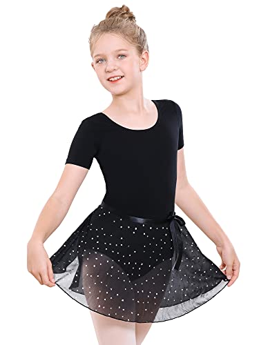 Stelle Girls Short Sleeve Dance Active Dress Ballet Leotard Combo with Dance Skirt and Dance Tight (Black (Shiny Skirt),90, 4T)