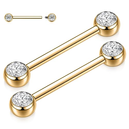 GAGABODY Pair 14G Nipple Rings G23 Titanium Internally Threaded Nipple Barbells 12mm-18mm Bridge Piercing Jewelry Straight Nipple Bar for Women Men Nipple Piercing Jewelry with CZ/Opal