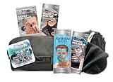 7th Heaven Men's Skin Fix Kit Gift Set with 3 Face Masks and 1 Set of Nose Pore Strips - Includes Black Wash Bag, Exfoliating Body Puff and Black Face Cloth