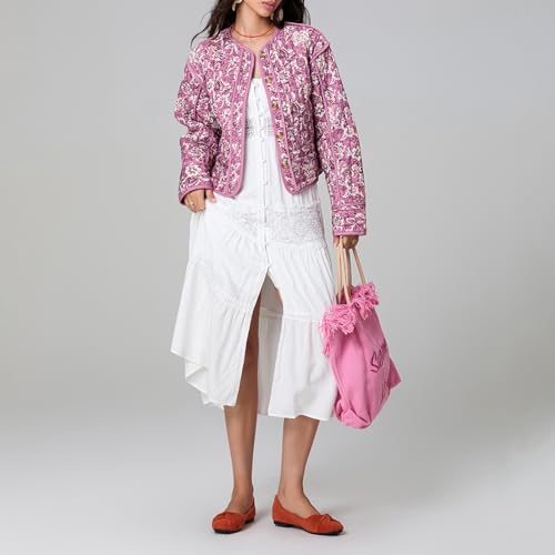 Veste courte matelassée à motif floral pour femmes, manteau cardigan léger à manches longues et à boutons, vêtements d'extérieur décontractés, d-rose, L – vue 2