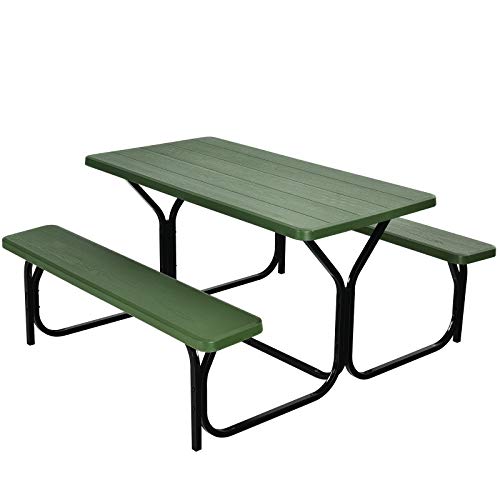 Giantex Picnic Table Bench Set Outdoor Camping All Weather Metal Base Yard Pool Dining Party Garden Patio Lawn Deck Large Camping Table (Green)