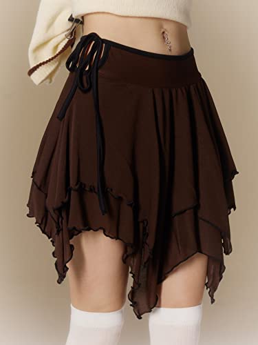 Verdusa Women's Y2K Tiered Layer Lettuce Trim Asymmetrical Hem Tie Knot Side Skirt Coffee Brown M #TOP3