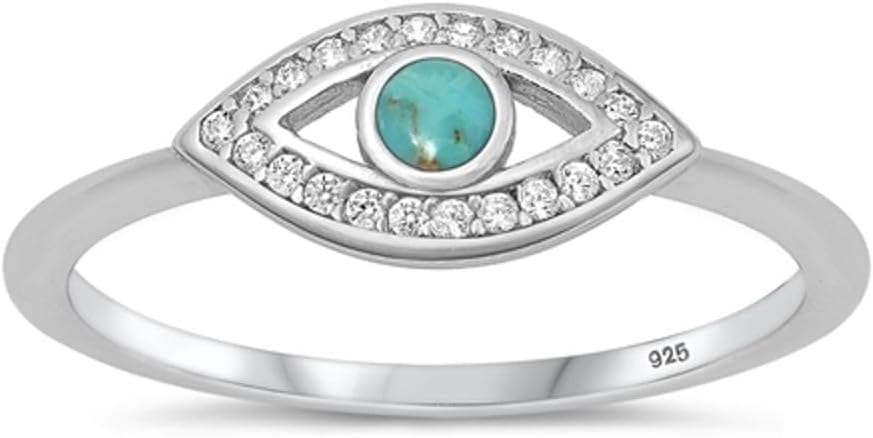 White CZ Simulated Turquoise Evil Eye Fashion Ring New 925 Sterling Silver Band Sizes 5-10