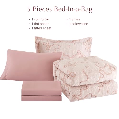 Image of Twin Comforter Set for Girls - 5 Pieces Pink Bedding Set Bow Bed in a Bag