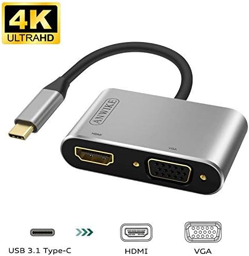 DISHA USB 3.1 Type-C to HDMI VGA Adapter, Multiport VGA HDMI 4K UHD Dual Screen Display Adapter MBP 13" 15" w/Thunderbolt 3 Port(Gray)