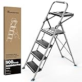 4 Step Ladder, Folding Step Stool with Tool Platform, Wide Anti-Slip Pedal and Anti-Slip Feet, Sturdiest Steel Construction, 900lbs Capacity Steel Ladder, Installation Free, Grey