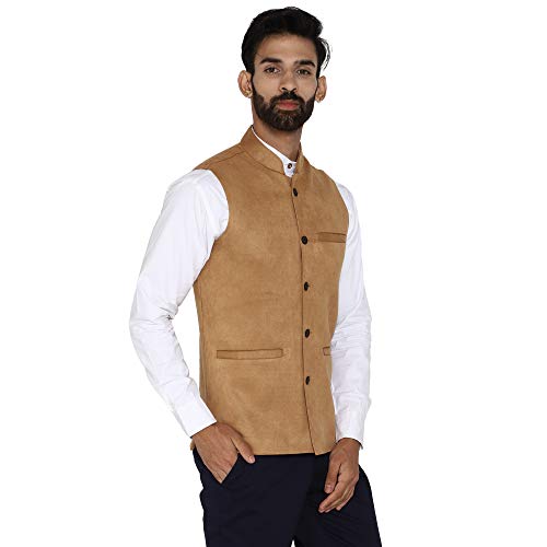 Image of Men's Solid Tan Suede Bandhgala Ethnic Nehru Jacket