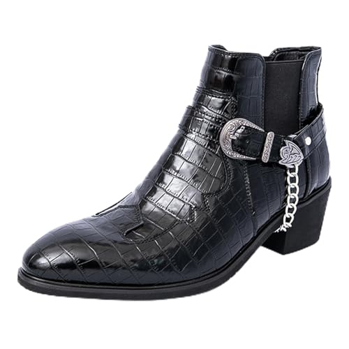 OXNEUHG Men's Pattern Leather Chunky Heel Dress Chelsea Boots with Metal Belt Buckle Fashion Cap Toe Block High Heel High Top Slip On Formal Oxford Shoes Business Casual Chukka Booties (Black,8.5)