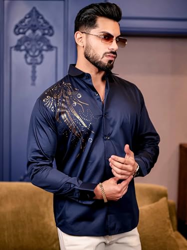 Image of Foomer Navy Blue Sequin Club Wear Shirt for Men - Elegant Shine with Satin Cotton Fabric - Party Shirt Ideal for Trendy Occasions