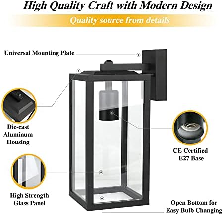 HLFVLITE Outdoor Wall Light, Max 60W E27 Aluminum Outside Wall Lamp, IP44 Waterproof Exterior Wall Lantern for Porch Entryway Doorway Garage, Matte Black