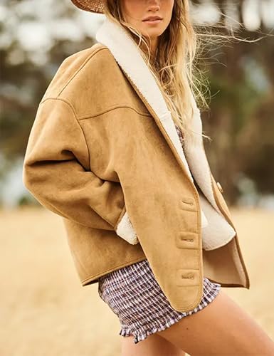 Yeokou Women Suede Jacket Sherpa Lined Casual Button Down Coat Baggy Lapel Warm Winter Outwear with Pockets4