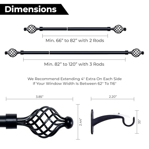 Image of Deco Essential 2 PC 66 inch-120 inch Adjustable Curtain Rod | Heavy Duty Iron Rod with Swirl Finials & Brackets | Extendable Wall Mounted Rod with Thicker Wall Tube, Black Matt.