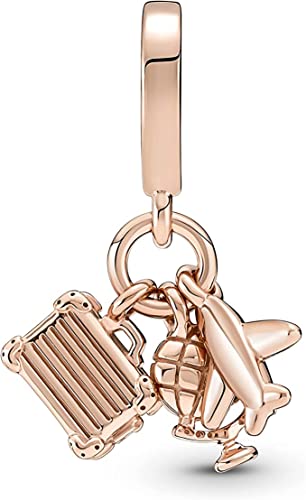 Pandora Airplane, Globe & Suitcase Triple Dangle Charm Bracelet Charm Moments Bracelets - Stunning Women's Jewelry - Gift for Women - Made Rose & Enamel2