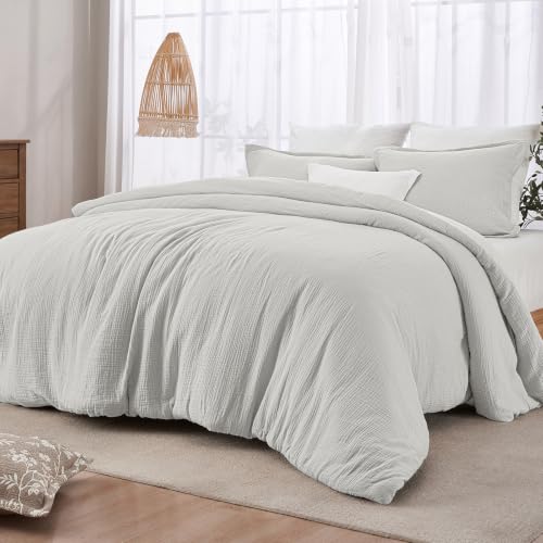 Image of PHF Cotton Muslin Comforter Set King, Ultra Soft Breathable, Light Grey