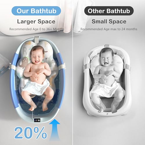 Collapsible Baby Bathtub - Large Baby Bath Tub with Thermometer & Cushion | Travel Portable Newborn Infant Bathtub | Foldable Toddler Bathtub for Baby 0 to 36 Months (Blue) — view 2
