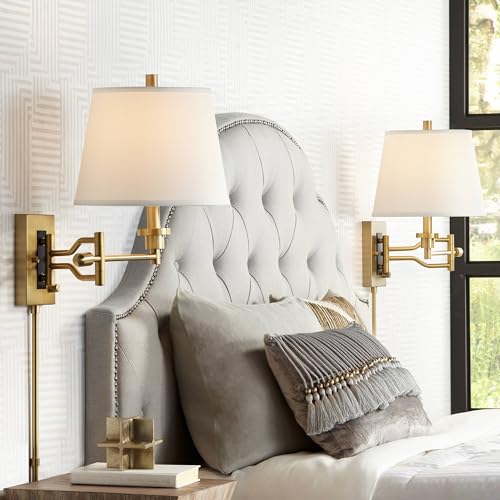 Barnes and Ivy Eleganta Vintage Swing Arm Wall Lamps Set of 2 Brushed Satin Brass Plug-in Light Fixture White Linen Empire Shade for Bedroom Bedside House Reading Living Room Home Hallway