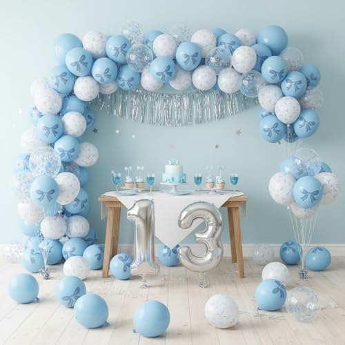 Image of Blue and White Balloons Set, 12 Inch Light Baby Blue White Clear Bow Latex Balloon for Wedding Bridal Engagement Bachelorette Baby Boy Shower Winter Princess Birthday Theme Party Decorations Supplies