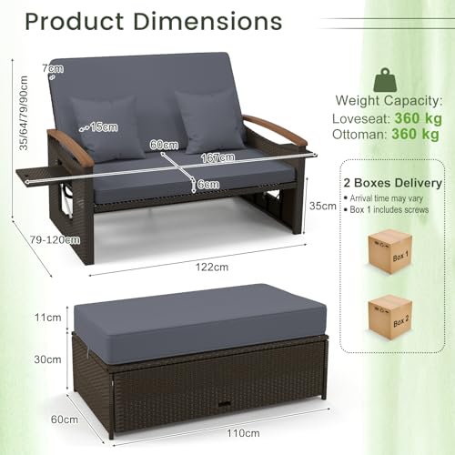 COSTWAY Garden Rattan Daybed, Patio Double Chaise Lounger Sun Bed with 4-Level Adjustable Back, Storage Ottoman, Cushions, Pillows & Side Trays, Outdoor Loveseat Sofa Conversation Furniture (Grey) - Image 4