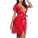 WOZOW Femme Lingerie Sexy sous-vêtements Bretelles Ouverture Jupe Ensemble Cil Dentelle Poupée Vêtements Nuit Robe + String(Rouge,M)