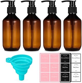 Bestomrogh 4 Pack Empty Shampoo Bottles with Pumps, 10oz/300ml Plastic Refillable Dispensers Body Soap Lotion Shampoo Conditioner Lotion Pump Bottles( Brown)