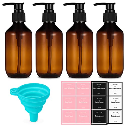 SOSPIRO Lot de 4 distributeurs de savon en plastique rechargeables 300 ml pour savon liquide, shampoing, gel douche, distributeur de presse en plastique (marron) thumbnail