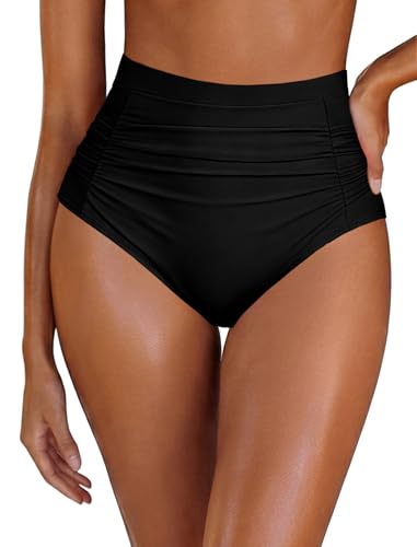 Arolina Womens High Waisted Bikini Bottoms Tummy Control Swim Bottom Ruched Full Coverage Retro Swimwear Black