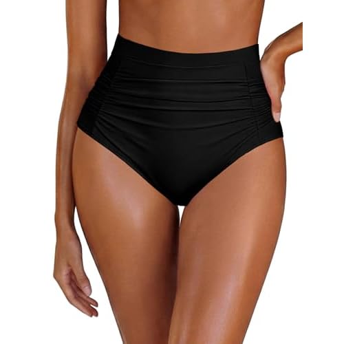 Arolina Womens High Waisted Bikini BottomsTummy Control Swim Bottom Ruched Full Coverage Retro Bathing Suit Bottoms Black 22 Plus