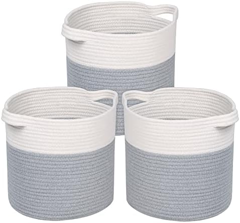 Univivi Storage Baskets for Toy Set of 3, Rope Woven Cube Basket Storage Bins for Kids and Pets in Living Room, Lounge, Decorative Home Organiser Woven Storage Basket, White & Grey