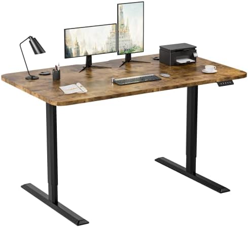 Furmax Standing Desk 55 x 24 Inches Electric Height Adjustable Desk Computer Desk T-Shaped Metal Bracket Desk with Memory Settings, Wood Tabletop, and Holes for Routing Cables, Brown