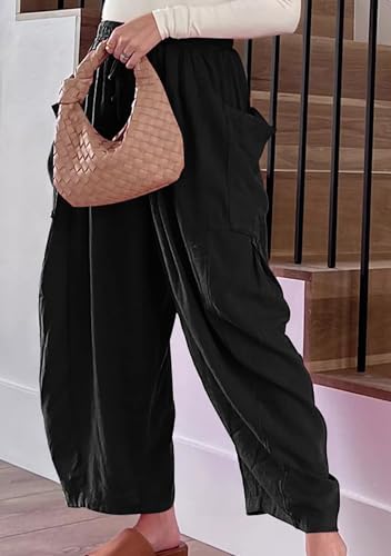 OMZIN Women Summer Plus Size Plain Cropped Pants with Pocket Hippie Elastic Waist Pants Loose Yoga Pants2