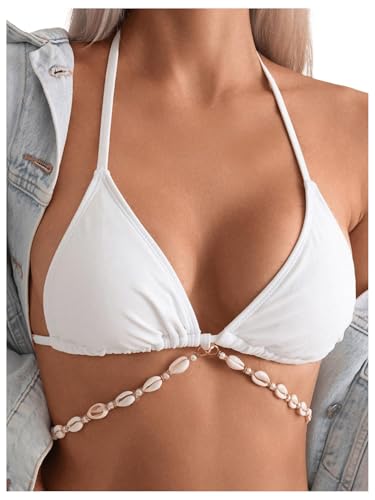 Milumia Women's Tie Backless Triangle Bikini Top with Shells Halter Bathing Suit Tops