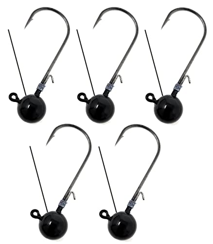 Reaction Tackle Tungsten Ball Jig Heads for Bass Fishing, Round Head Jigs with Sharp Hooks for Walleye and Panfish, Weedless Option - 1/2 Oz #5/0 Hook Black Weedless (5-Pack)