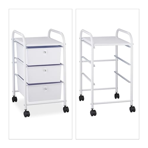 Relaxdays Badrollwagen, 3 Schubladen, Metall & Kunststoff, Rollcontainer Bad, Kosmetik, HxBxT: 60 x 33 x 39 cm, weiß, 1 Stück