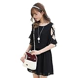 Feiangel ワンピース シフォン フレア Aライン ラウンドネック ウェストゴム レディース 半袖 オープンショルダー ショート丈 無地